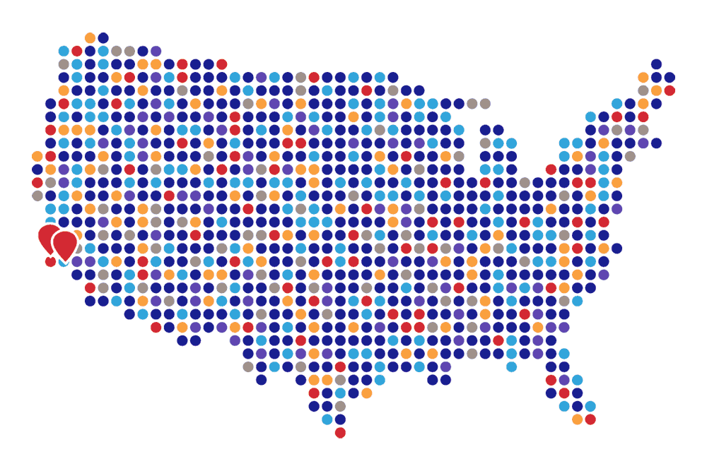 A dot-grid map of the contiguous United States composed of multicolored circles in blue, red, orange, purple, teal, gray, and gold. Two red map pin markers are placed on the West Coast.
