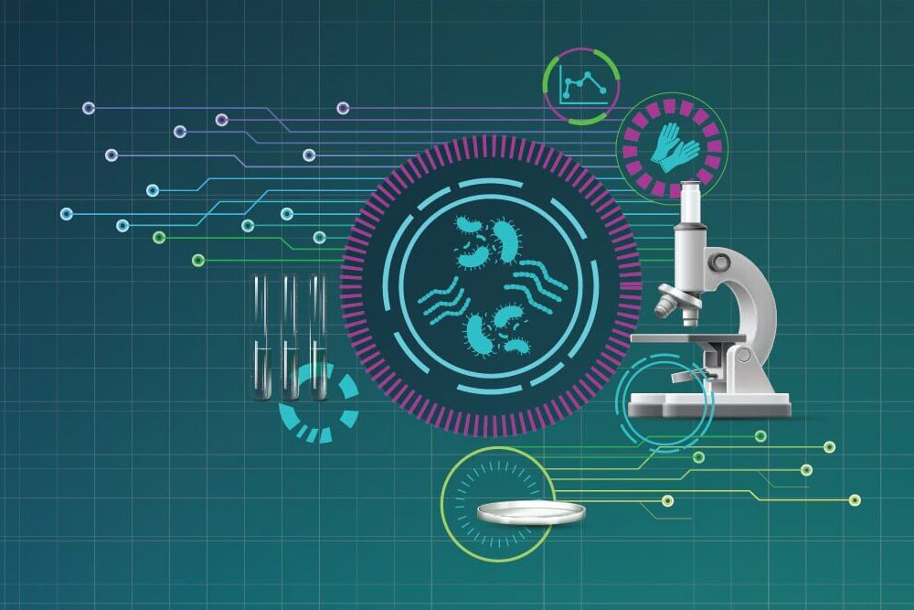 Microbiology lab illustration with microscope, petri dish, test tubes, and bacteria